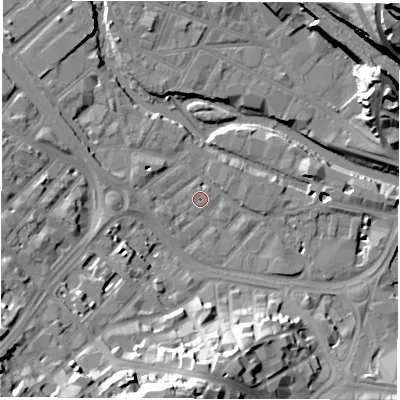 Shaded relief map of the ground around S38EY, computed from Environment Agency LiDAR. The ground here sits at about 50 m above sea level and falls 46 m across the surrounding 800 m. Surface water reaching this point runs off ground lying to the west-south-west, 1.7 m higher.