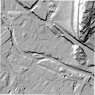 Shaded relief map of the ground around S38EZ, computed from Environment Agency LiDAR. The ground here sits at about 50 m above sea level and falls 64 m across the surrounding 800 m. Surface water reaching this point runs off ground lying to the west-north-west, 1.0 m higher.