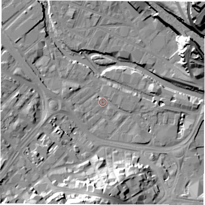 Shaded relief map of the ground around S38FB, computed from Environment Agency LiDAR. The ground here sits at about 50 m above sea level and falls 48 m across the surrounding 800 m. Surface water reaching this point runs off ground lying to the south-west, 16.9 m higher.