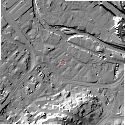 Shaded relief map of the ground around S38FD, computed from Environment Agency LiDAR. The ground here sits at about 50 m above sea level and falls 36 m across the surrounding 800 m. Surface water reaching this point runs off ground lying to the west, 1.7 m higher.