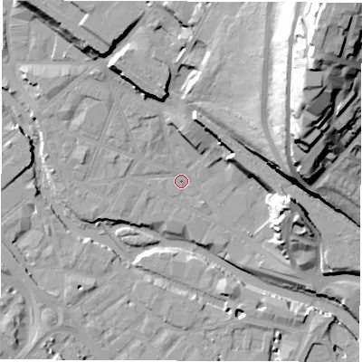 Shaded relief map of the ground around S38FE, computed from Environment Agency LiDAR. The ground here sits at about 49 m above sea level and falls 65 m across the surrounding 800 m. Surface water reaching this point runs off ground lying to the north-north-east, 35.5 m higher.