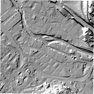 Shaded relief map of the ground around S38FF, computed from Environment Agency LiDAR. The ground here sits at about 49 m above sea level and falls 56 m across the surrounding 800 m. Surface water reaching this point runs off ground lying to the east-south-east, 6.0 m higher.