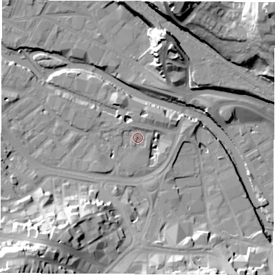 Shaded relief map of the ground around S38FR, computed from Environment Agency LiDAR. The ground here sits at about 49 m above sea level and falls 45 m across the surrounding 800 m. Surface water reaching this point runs off ground lying to the west-south-west, 7.6 m higher.
