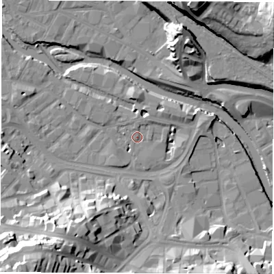 Shaded relief map of the ground around S38FS, computed from Environment Agency LiDAR. The ground here sits at about 49 m above sea level and falls 42 m across the surrounding 800 m. Surface water reaching this point runs off ground lying to the south-west, 36.9 m higher.