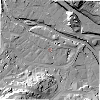 Shaded relief map of the ground around S38FT, computed from Environment Agency LiDAR. The ground here sits at about 49 m above sea level and falls 37 m across the surrounding 800 m. Surface water reaching this point runs off ground lying to the south-west, 35.3 m higher.