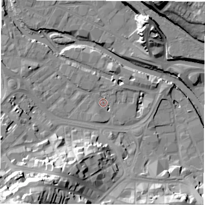 Shaded relief map of the ground around S38FU, computed from Environment Agency LiDAR. The ground here sits at about 49 m above sea level and falls 41 m across the surrounding 800 m. Surface water reaching this point runs off ground lying to the south-west, 39.4 m higher.