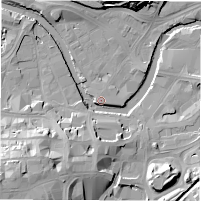 Shaded relief map of the ground around S38GA, computed from Environment Agency LiDAR. The ground here sits at about 48 m above sea level and falls 38 m across the surrounding 800 m. Surface water reaching this point runs off ground lying to the west-south-west, 0.9 m higher.