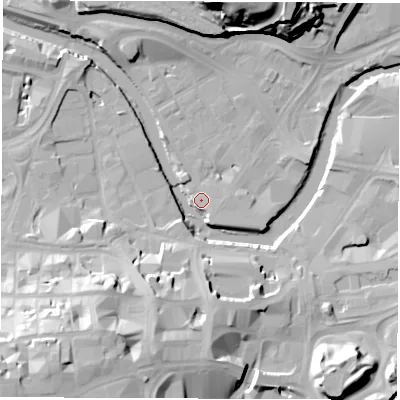 Shaded relief map of the ground around S38GF, computed from Environment Agency LiDAR. The ground here sits at about 48 m above sea level and falls 39 m across the surrounding 800 m. Surface water reaching this point runs off ground lying to the south-west, 36.6 m higher.