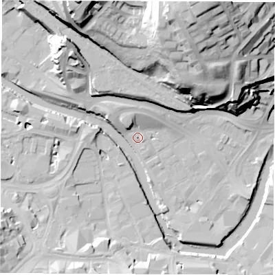 Shaded relief map of the ground around S38GG, computed from Environment Agency LiDAR. The ground here sits at about 48 m above sea level and falls 48 m across the surrounding 800 m. Surface water reaching this point runs off ground lying to the north-north-west, 5.9 m higher.