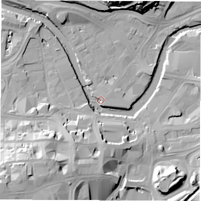 Shaded relief map of the ground around S38GJ, computed from Environment Agency LiDAR. The ground here sits at about 48 m above sea level and falls 38 m across the surrounding 800 m. Surface water reaching this point runs off ground lying to the south-west, 36.9 m higher.