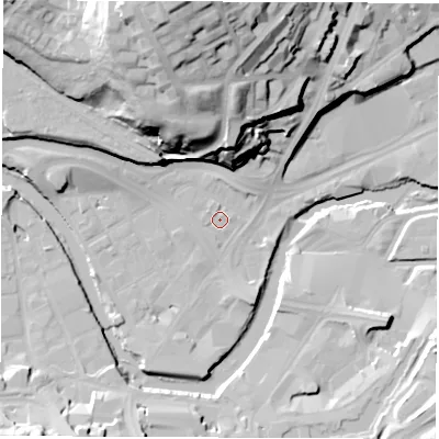Shaded relief map of the ground around S38GL, computed from Environment Agency LiDAR. The ground here sits at about 47 m above sea level and falls 49 m across the surrounding 800 m. Surface water reaching this point runs off ground lying to the north-west, 1.2 m higher.