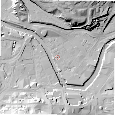 Shaded relief map of the ground around S38GP, computed from Environment Agency LiDAR. The ground here sits at about 47 m above sea level and falls 43 m across the surrounding 800 m. Surface water reaching this point runs off ground lying to the north, 0.6 m higher.