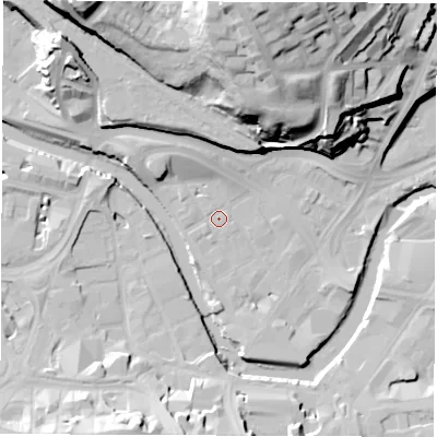 Shaded relief map of the ground around S38GT, computed from Environment Agency LiDAR. The ground here sits at about 47 m above sea level and falls 47 m across the surrounding 800 m. Surface water reaching this point runs off ground lying to the north-west, 6.5 m higher.