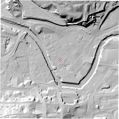 Shaded relief map of the ground around S38GW, computed from Environment Agency LiDAR. The ground here sits at about 47 m above sea level and falls 41 m across the surrounding 800 m. Surface water reaching this point runs off ground lying to the north-north-west, 6.5 m higher.