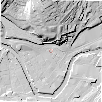 Shaded relief map of the ground around S38GZ, computed from Environment Agency LiDAR. The ground here sits at about 47 m above sea level and falls 52 m across the surrounding 800 m. Surface water reaching this point runs off ground lying to the north, 45.9 m higher.