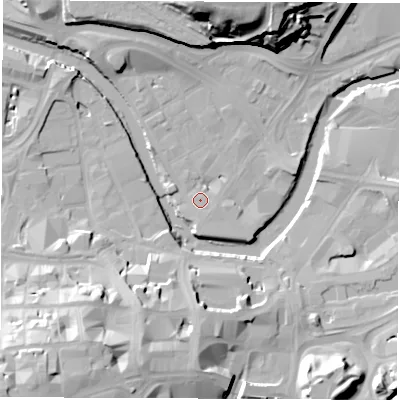 Shaded relief map of the ground around S38HD, computed from Environment Agency LiDAR. The ground here sits at about 47 m above sea level and falls 38 m across the surrounding 800 m. Surface water reaching this point runs off ground lying to the south, 1.5 m higher.