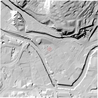 Shaded relief map of the ground around S38HG, computed from Environment Agency LiDAR. The ground here sits at about 47 m above sea level and falls 48 m across the surrounding 800 m. Surface water reaching this point runs off ground lying to the north-west, 6.5 m higher.
