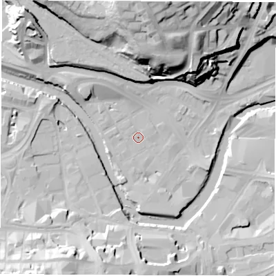Shaded relief map of the ground around S38HH, computed from Environment Agency LiDAR. The ground here sits at about 47 m above sea level and falls 45 m across the surrounding 800 m. Surface water reaching this point runs off ground lying to the north-north-west, 2.4 m higher.