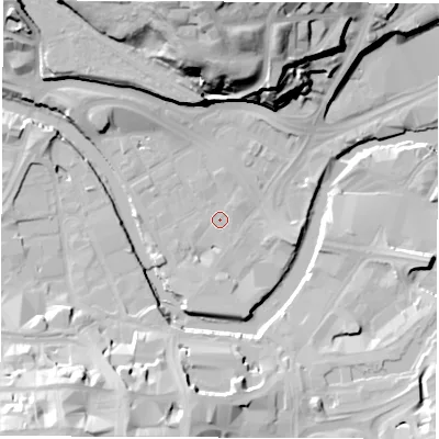 Shaded relief map of the ground around S38HJ, computed from Environment Agency LiDAR. The ground here sits at about 47 m above sea level and falls 42 m across the surrounding 800 m. Surface water reaching this point runs off ground lying to the north-west, 7.4 m higher.