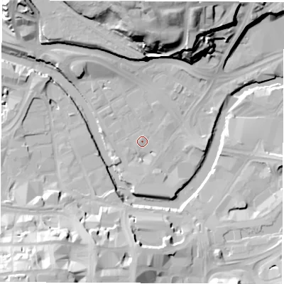 Shaded relief map of the ground around S38HQ, computed from Environment Agency LiDAR. The ground here sits at about 47 m above sea level and falls 40 m across the surrounding 800 m. Surface water reaching this point runs off ground lying to the south, 3.3 m higher.