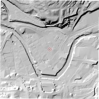 Shaded relief map of the ground around S38HR, computed from Environment Agency LiDAR. The ground here sits at about 47 m above sea level and falls 44 m across the surrounding 800 m. Surface water reaching this point runs off ground lying to the north-west, 2.3 m higher.