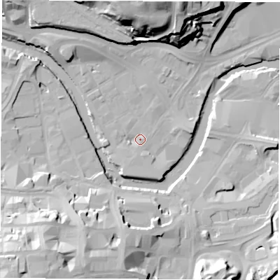 Shaded relief map of the ground around S38HS, computed from Environment Agency LiDAR. The ground here sits at about 47 m above sea level and falls 37 m across the surrounding 800 m. Surface water reaching this point runs off ground lying to the south-south-west, 3.3 m higher.