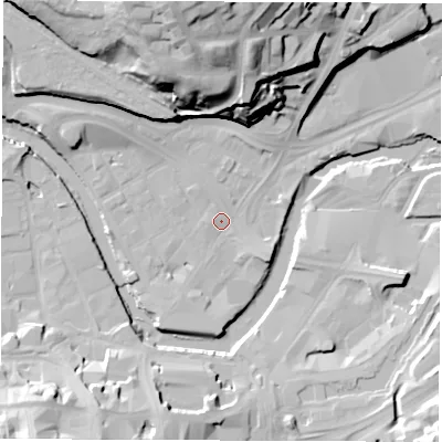 Shaded relief map of the ground around S38HT, computed from Environment Agency LiDAR. The ground here sits at about 47 m above sea level and falls 44 m across the surrounding 800 m. Surface water reaching this point runs off ground lying to the north-north-west, 40.5 m higher.