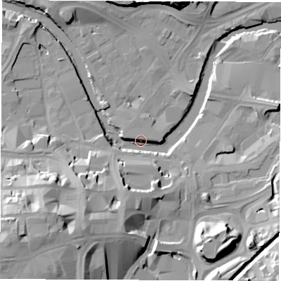 Shaded relief map of the ground around S38HY, computed from Environment Agency LiDAR. The ground here sits at about 48 m above sea level and falls 37 m across the surrounding 800 m. Surface water reaching this point runs off ground lying to the south-west, 34.4 m higher.