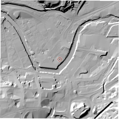 Shaded relief map of the ground around S38JA, computed from Environment Agency LiDAR. The ground here sits at about 47 m above sea level and falls 34 m across the surrounding 800 m. Surface water reaching this point runs off ground lying to the north, 30.4 m higher.