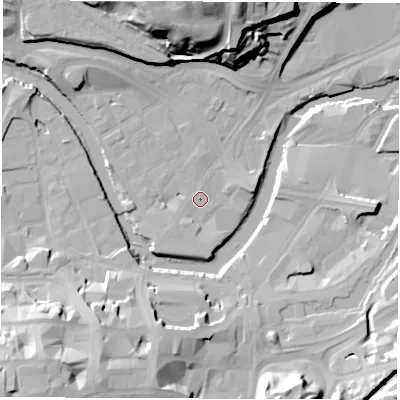Shaded relief map of the ground around S38JB, computed from Environment Agency LiDAR. The ground here sits at about 47 m above sea level and falls 38 m across the surrounding 800 m. Surface water reaching this point runs off ground lying to the south-west, 1.0 m higher.