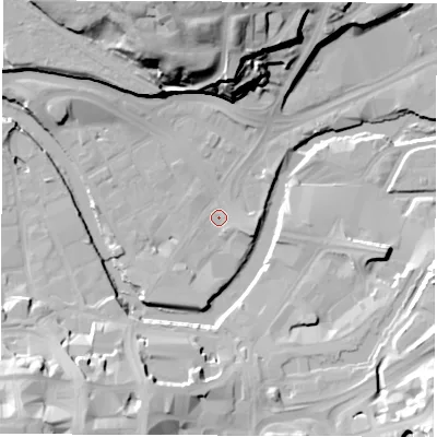 Shaded relief map of the ground around S38JD, computed from Environment Agency LiDAR. The ground here sits at about 46 m above sea level and falls 42 m across the surrounding 800 m. Surface water reaching this point runs off ground lying to the north-north-west, 37.6 m higher.