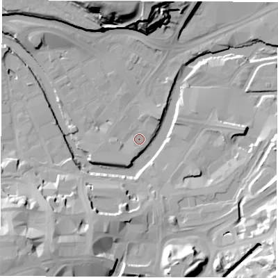 Shaded relief map of the ground around S38JT, computed from Environment Agency LiDAR. The ground here sits at about 46 m above sea level and falls 35 m across the surrounding 800 m. Surface water reaching this point runs off ground lying to the north-north-west, 31.1 m higher.