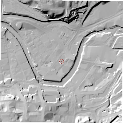 Shaded relief map of the ground around S38JU, computed from Environment Agency LiDAR. The ground here sits at about 46 m above sea level and falls 39 m across the surrounding 800 m. Surface water reaching this point runs off ground lying to the north, 34.9 m higher.