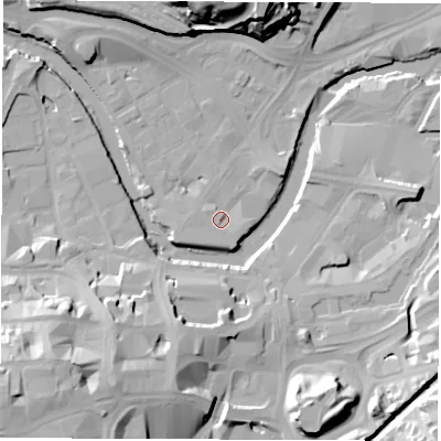 Shaded relief map of the ground around S38JY, computed from Environment Agency LiDAR. The ground here sits at about 48 m above sea level and falls 36 m across the surrounding 800 m. Surface water reaching this point runs off ground lying to the west-south-west, 2.3 m higher.