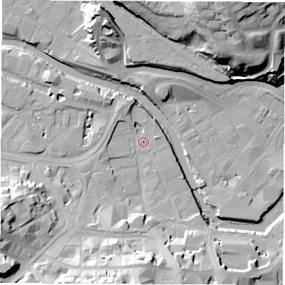 Shaded relief map of the ground around S38ND, computed from Environment Agency LiDAR. The ground here sits at about 48 m above sea level and falls 43 m across the surrounding 800 m. Surface water reaching this point runs off ground lying to the south, 24.9 m higher.