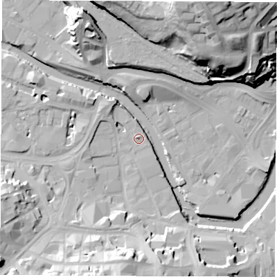 Shaded relief map of the ground around S38NE, computed from Environment Agency LiDAR. The ground here sits at about 48 m above sea level and falls 44 m across the surrounding 800 m. Surface water reaching this point runs off ground lying to the south-south-west, 23.4 m higher.
