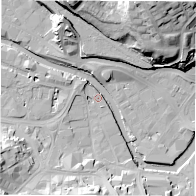 Shaded relief map of the ground around S38NF, computed from Environment Agency LiDAR. The ground here sits at about 48 m above sea level and falls 46 m across the surrounding 800 m. Surface water reaching this point runs off ground lying to the north-west, 4.9 m higher.