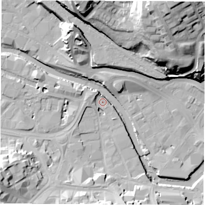 Shaded relief map of the ground around S38NG, computed from Environment Agency LiDAR. The ground here sits at about 48 m above sea level and falls 47 m across the surrounding 800 m. Surface water reaching this point runs off ground lying to the west, 4.4 m higher.