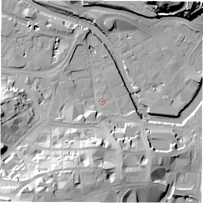 Shaded relief map of the ground around S38NH, computed from Environment Agency LiDAR. The ground here sits at about 48 m above sea level and falls 41 m across the surrounding 800 m. Surface water reaching this point runs off ground lying to the south-west, 7.3 m higher.
