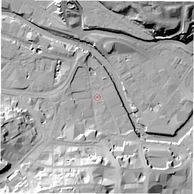 Shaded relief map of the ground around S38NR, computed from Environment Agency LiDAR. The ground here sits at about 48 m above sea level and falls 39 m across the surrounding 800 m. Surface water reaching this point runs off ground lying to the south-south-west, 30.2 m higher.