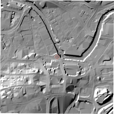 Shaded relief map of the ground around S38NS, computed from Environment Agency LiDAR. The ground here sits at about 50 m above sea level and falls 41 m across the surrounding 800 m. Surface water reaching this point runs off ground lying to the south-south-west, 18.8 m higher.