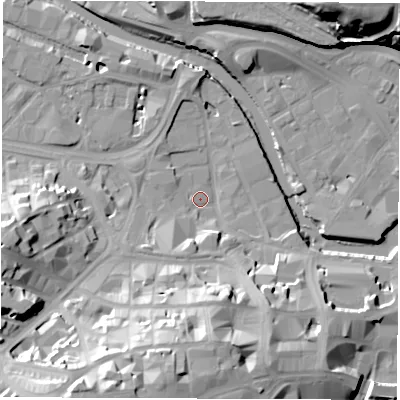 Shaded relief map of the ground around S38NW, computed from Environment Agency LiDAR. The ground here sits at about 48 m above sea level and falls 38 m across the surrounding 800 m. Surface water reaching this point runs off ground lying to the south-south-west, 35.8 m higher.