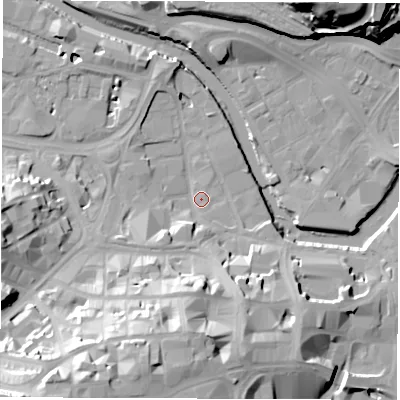 Shaded relief map of the ground around S38NX, computed from Environment Agency LiDAR. The ground here sits at about 48 m above sea level and falls 41 m across the surrounding 800 m. Surface water reaching this point runs off ground lying to the south-west, 7.3 m higher.