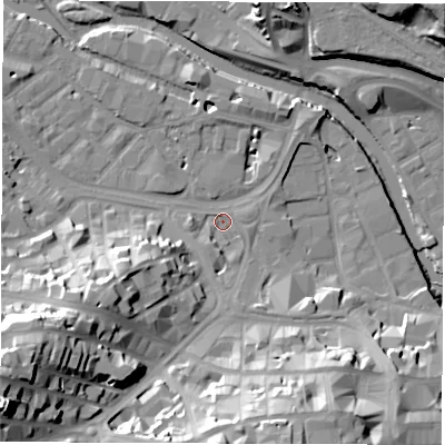 Shaded relief map of the ground around S38PB, computed from Environment Agency LiDAR. The ground here sits at about 48 m above sea level and falls 44 m across the surrounding 800 m. Surface water reaching this point runs off ground lying to the south-west, 39.2 m higher.