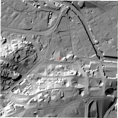 Shaded relief map of the ground around S38PH, computed from Environment Agency LiDAR. The ground here sits at about 53 m above sea level and falls 43 m across the surrounding 800 m. Surface water reaching this point runs off ground lying to the south-south-west, 29.2 m higher.