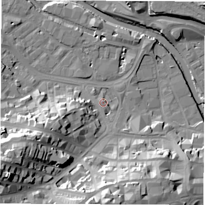 Shaded relief map of the ground around S38PN, computed from Environment Agency LiDAR. The ground here sits at about 52 m above sea level and falls 43 m across the surrounding 800 m. Surface water reaching this point runs off ground lying to the south-west, 37.1 m higher.