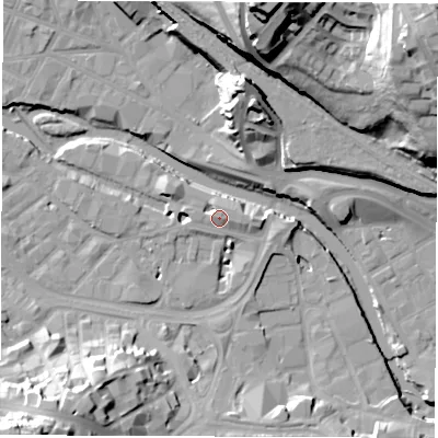 Shaded relief map of the ground around S38RA, computed from Environment Agency LiDAR. The ground here sits at about 51 m above sea level and falls 51 m across the surrounding 800 m. Surface water reaching this point runs off ground lying to the north-north-east, 1.9 m higher.