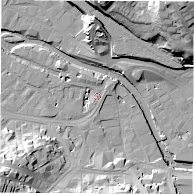 Shaded relief map of the ground around S38RG, computed from Environment Agency LiDAR. The ground here sits at about 49 m above sea level and falls 46 m across the surrounding 800 m. Surface water reaching this point runs off ground lying to the south-west, 31.6 m higher.