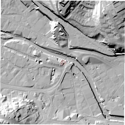 Shaded relief map of the ground around S38RP, computed from Environment Agency LiDAR. The ground here sits at about 50 m above sea level and falls 51 m across the surrounding 800 m. Surface water reaching this point runs off ground lying to the east-south-east, 1.2 m higher.