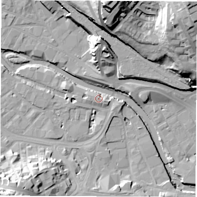 Shaded relief map of the ground around S38RQ, computed from Environment Agency LiDAR. The ground here sits at about 51 m above sea level and falls 51 m across the surrounding 800 m. Surface water reaching this point runs off ground lying to the south-east, 5.7 m higher.